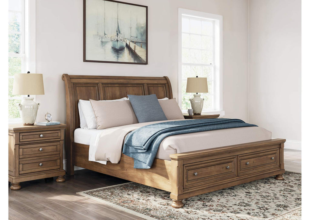 Vandenmore King Storage Sleigh Bed with Mirrored Dresser and 2 Nightstands