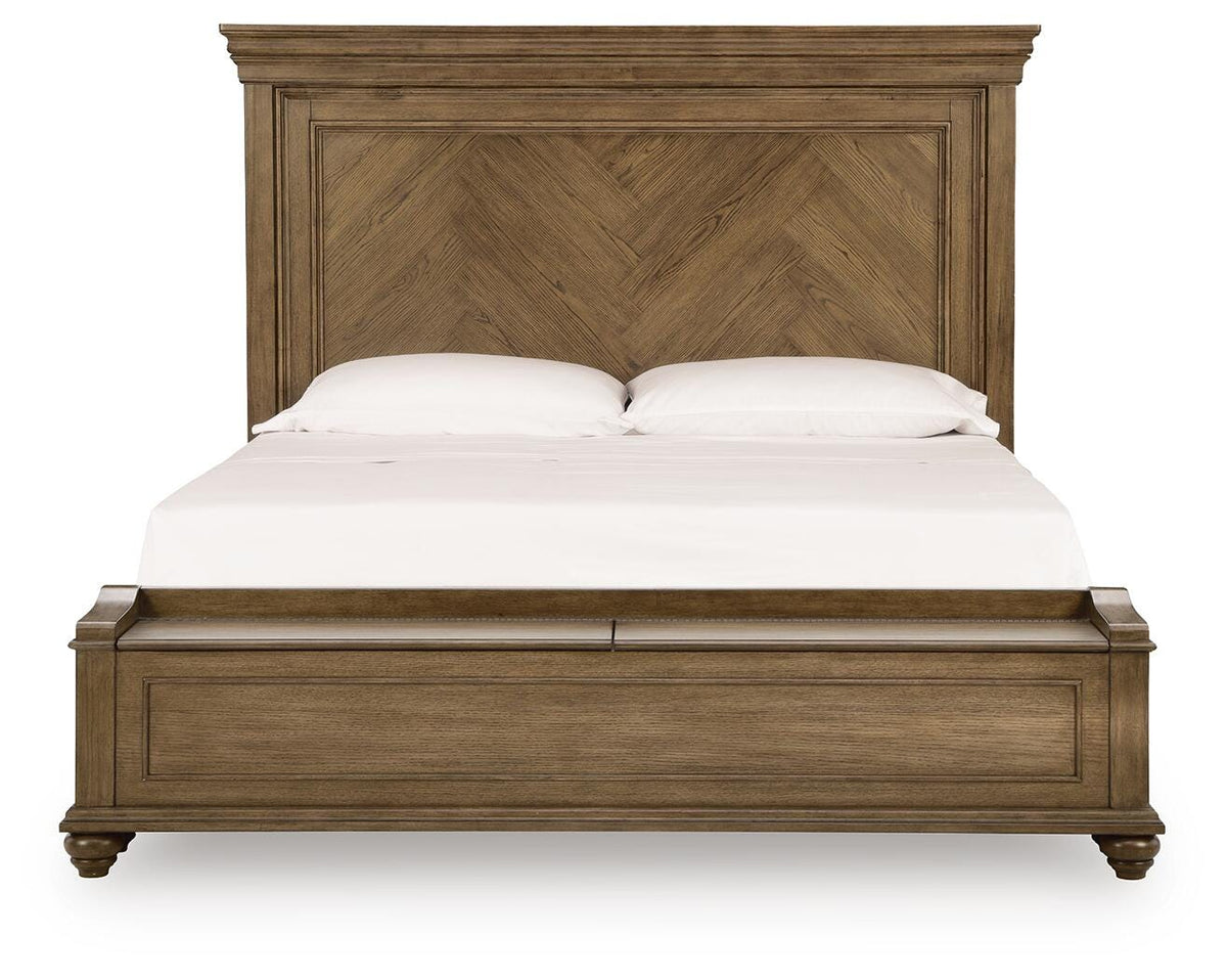Karallin King Panel Storage Bed in Medium Brown, front view