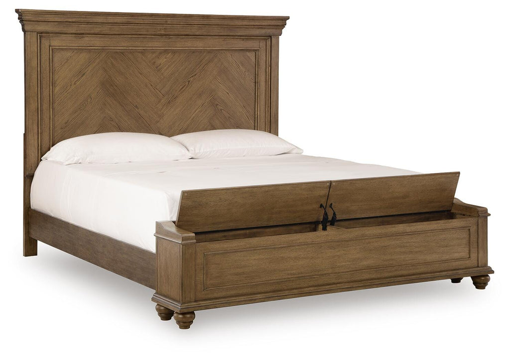 Karallin King Panel Storage Bed in Medium Brown, open view
