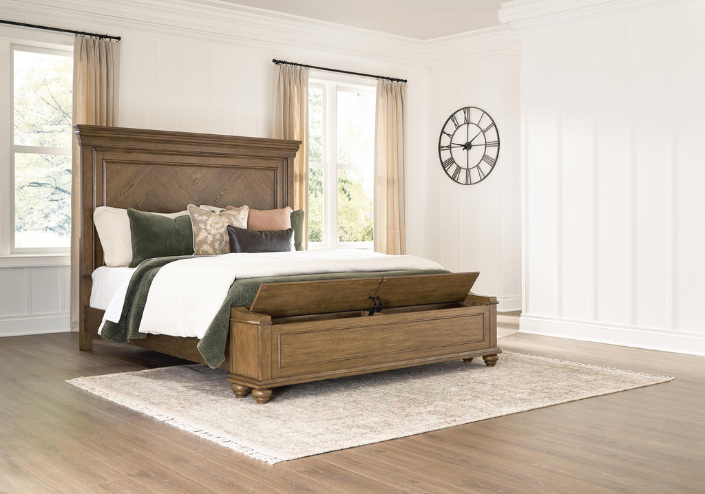 Karallin California King Panel Storage Bed in Medium Brown, open view