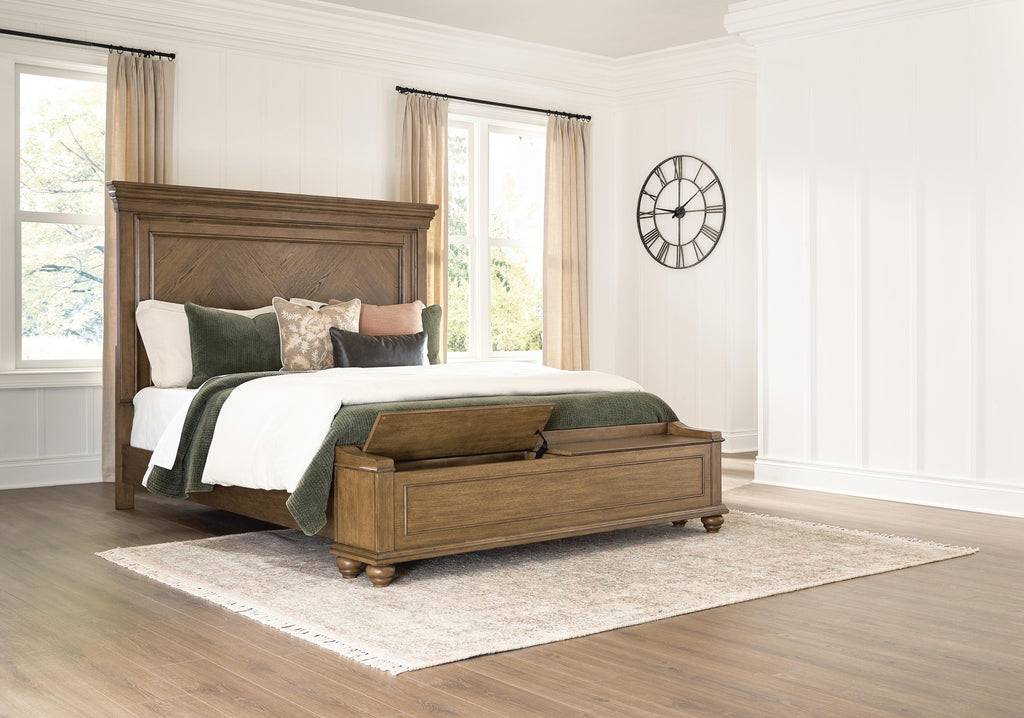 Karallin King Panel Storage Bed in Medium Brown, open view