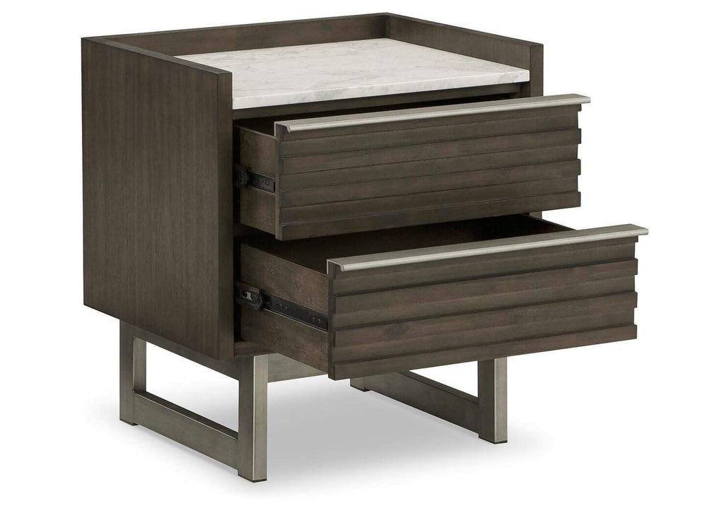 Arkenton King Panel Bed with Mirrored Dresser and 2 Nightstands angled view