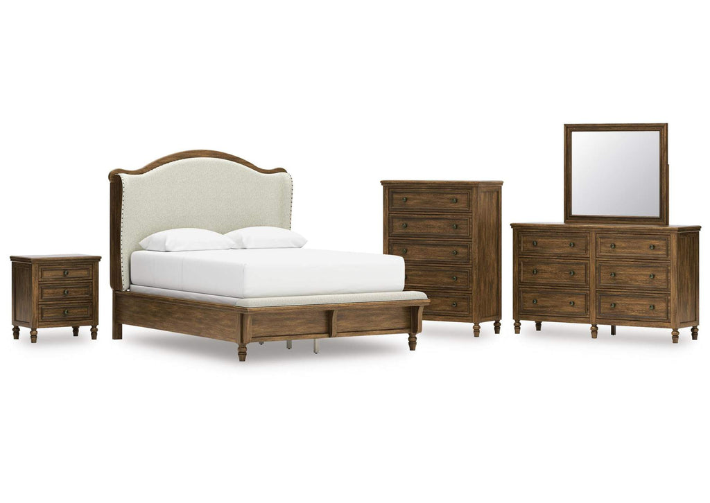 Sturlayne Queen Upholstered Panel Bed, Dresser, Mirror, Chest and Nightstand