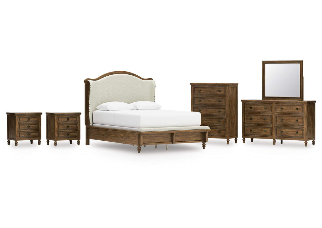 Sturlayne Queen Upholstered Panel Bed, Dresser, Mirror, Chest and 2 Nightstands