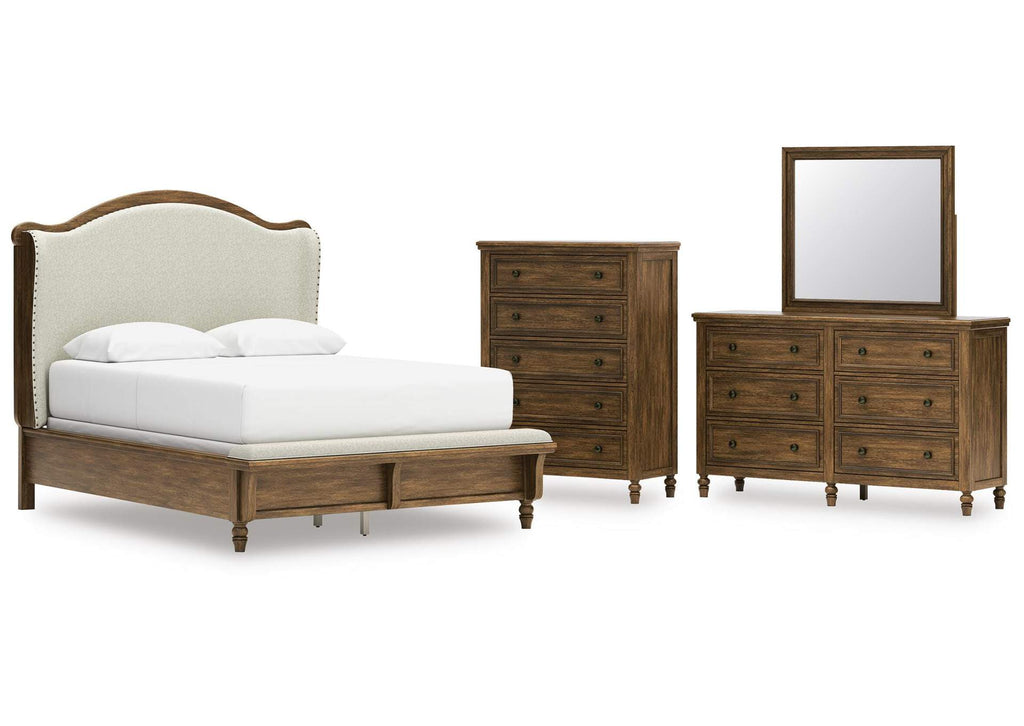 Sturlayne Queen Upholstered Panel Bed, Dresser, Mirror and Chest