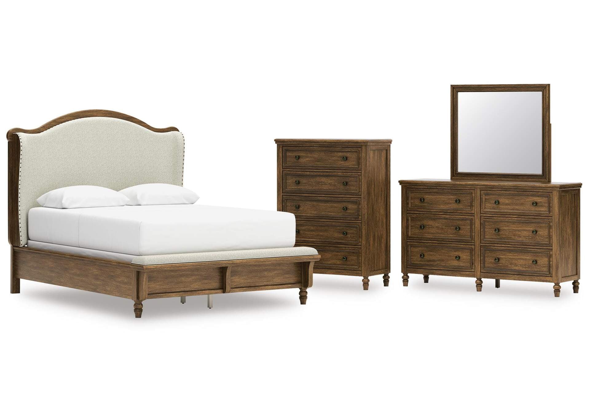 Sturlayne Queen Upholstered Panel Bed, Dresser, Mirror and Chest