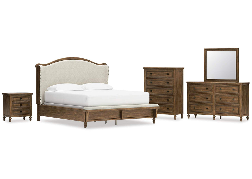 Sturlayne California King Upholstered Panel Bed, Dresser, Mirror, Chest and Nightstand
