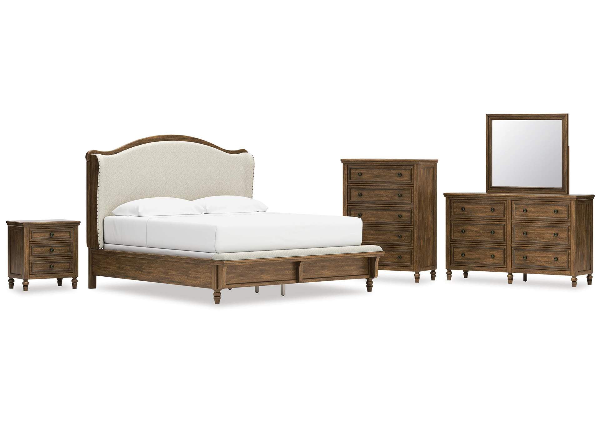 Sturlayne King Upholstered Panel Bed, Dresser, Mirror, Chest and Nightstand