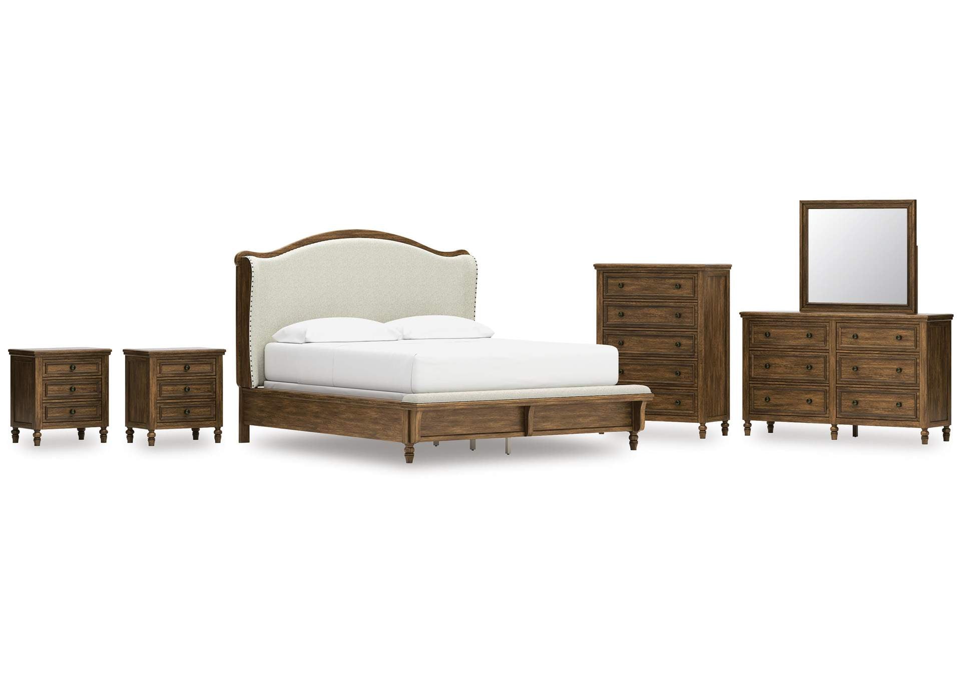 Sturlayne California King Upholstered Panel Bed, Dresser, Mirror, Chest and 2 Nightstands