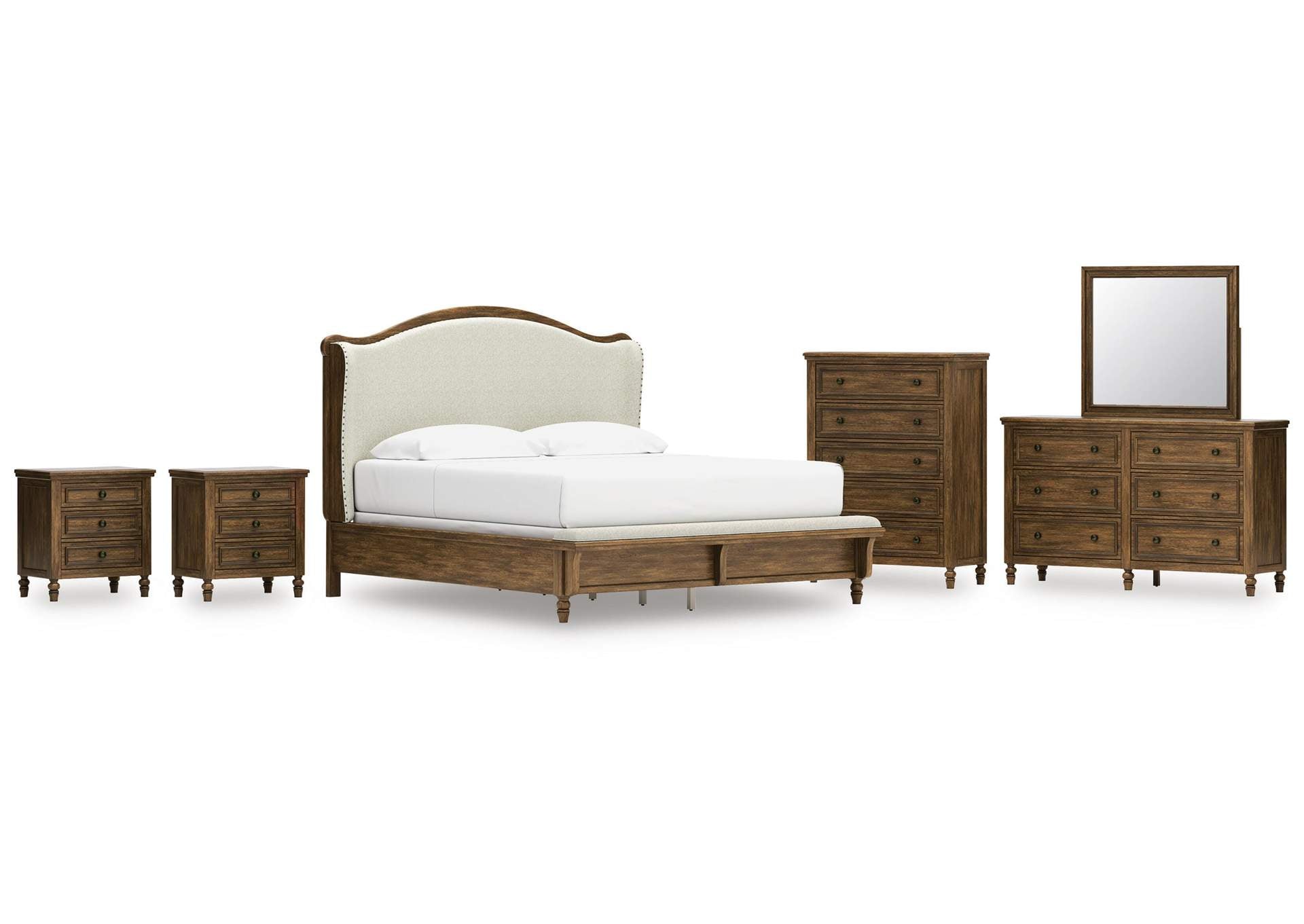 Sturlayne King Upholstered Panel Bed, Dresser, Mirror, Chest and 2 Nightstands
