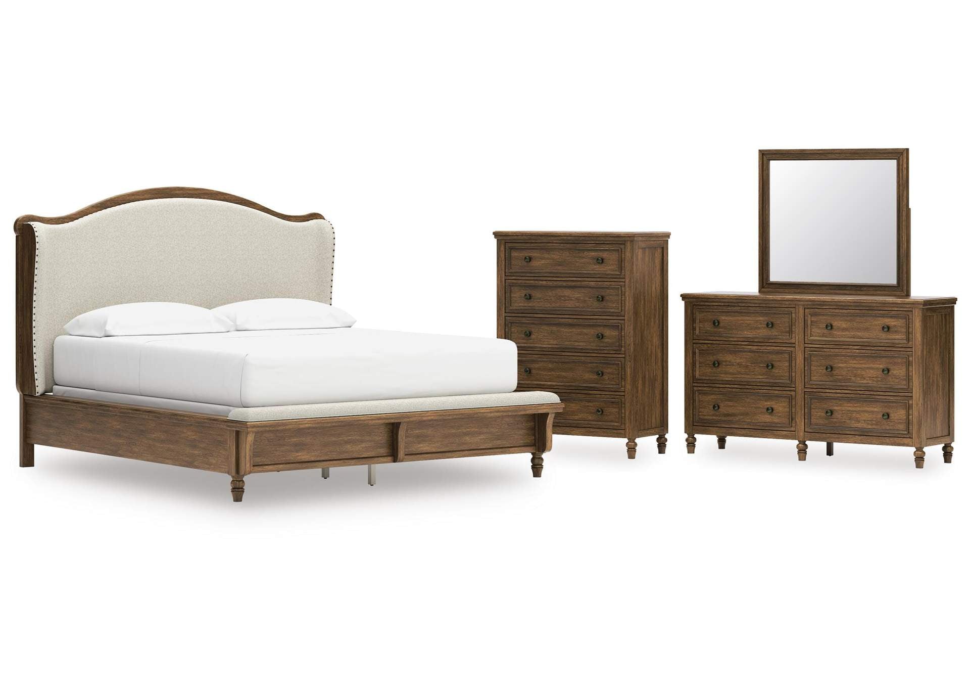 Sturlayne California King Upholstered Panel Bed, Dresser, Mirror and Chest