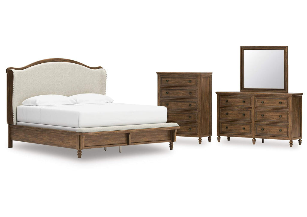 Sturlayne King Upholstered Panel Bed, Dresser, Mirror and Chest