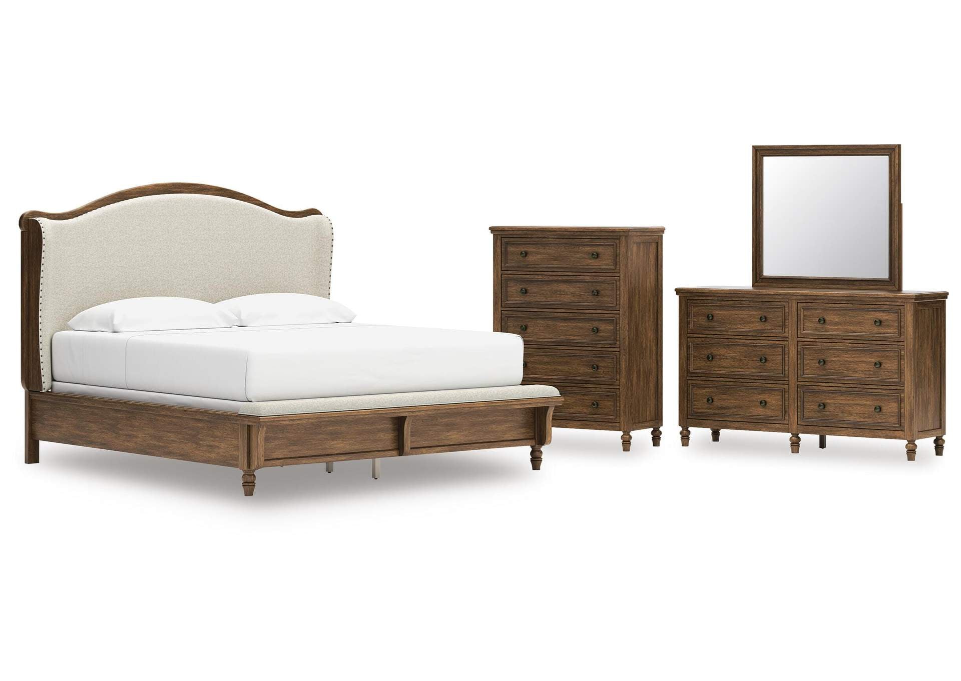 Sturlayne King Upholstered Panel Bed, Dresser, Mirror and Chest
