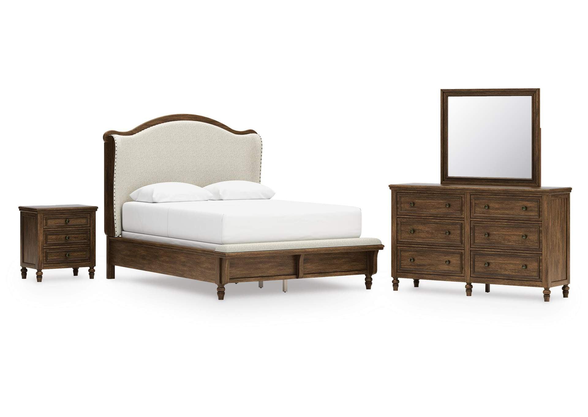 Sturlayne Queen Upholstered Panel Bed, Dresser, Mirror and Nightstand