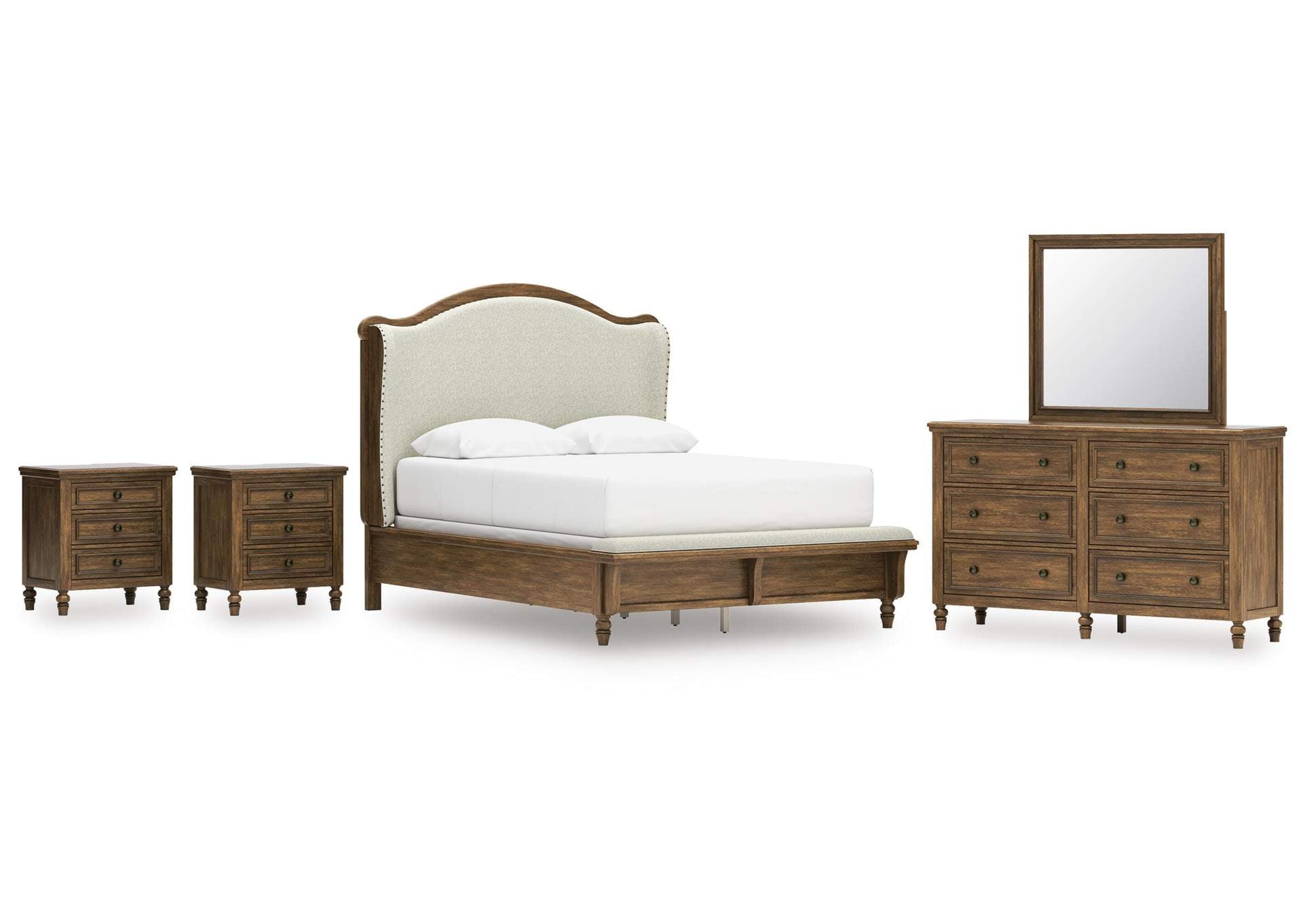 Sturlayne Queen Upholstered Panel Bed, Dresser, Mirror and 2 Nightstands