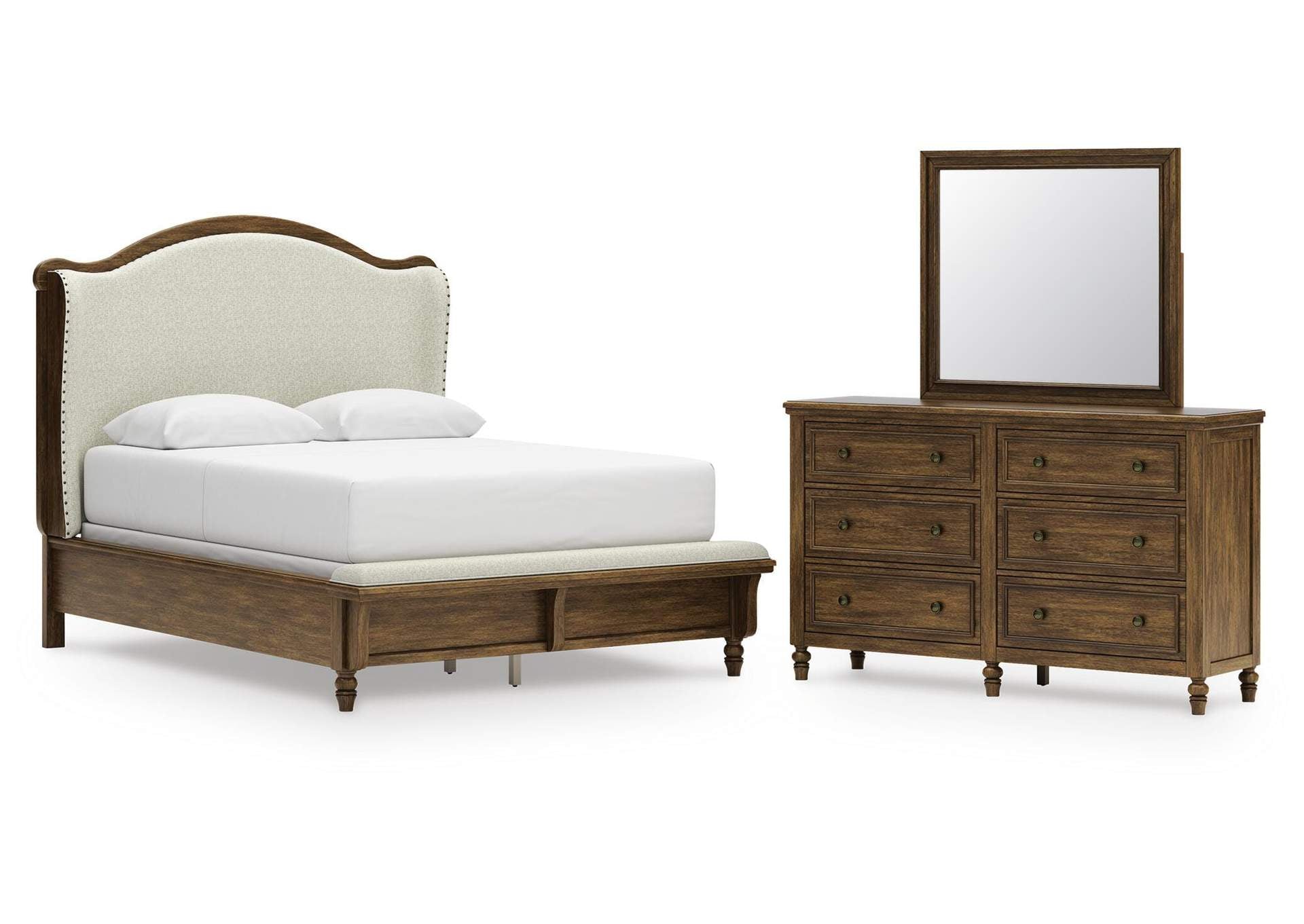 Sturlayne Queen Upholstered Panel Bed, Dresser and Mirror