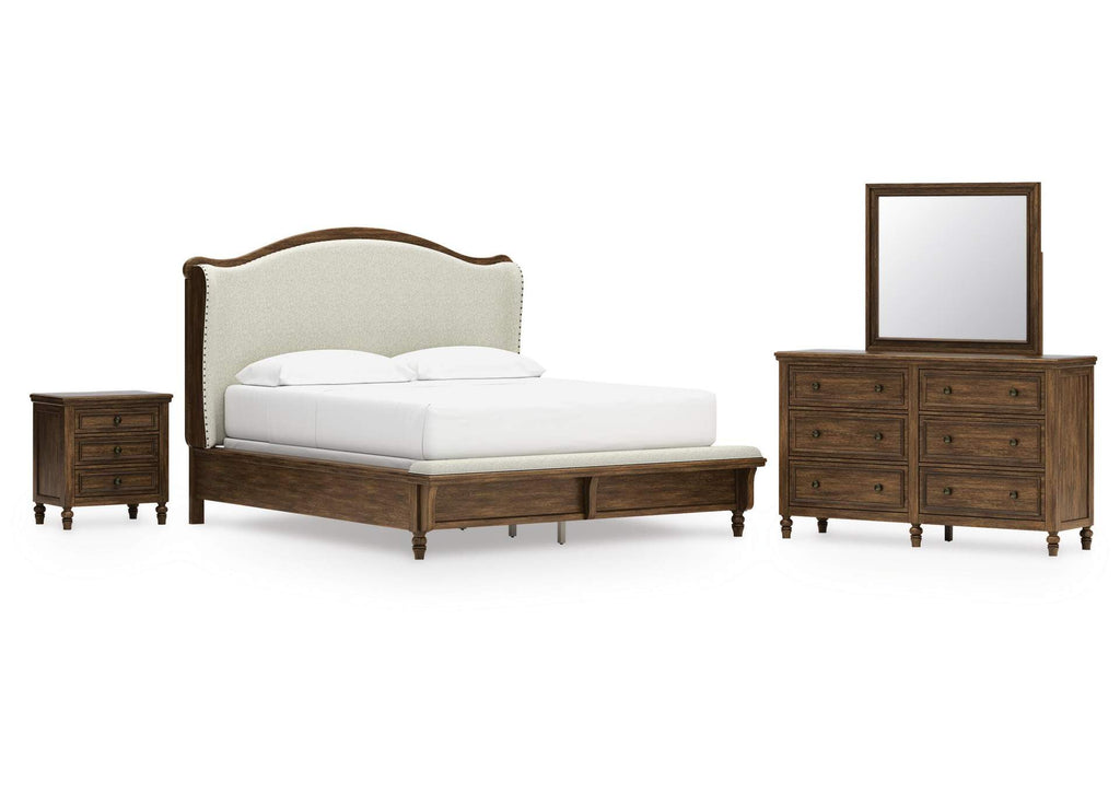 Sturlayne California King Upholstered Panel Bed, Dresser, Mirror and Nightstand