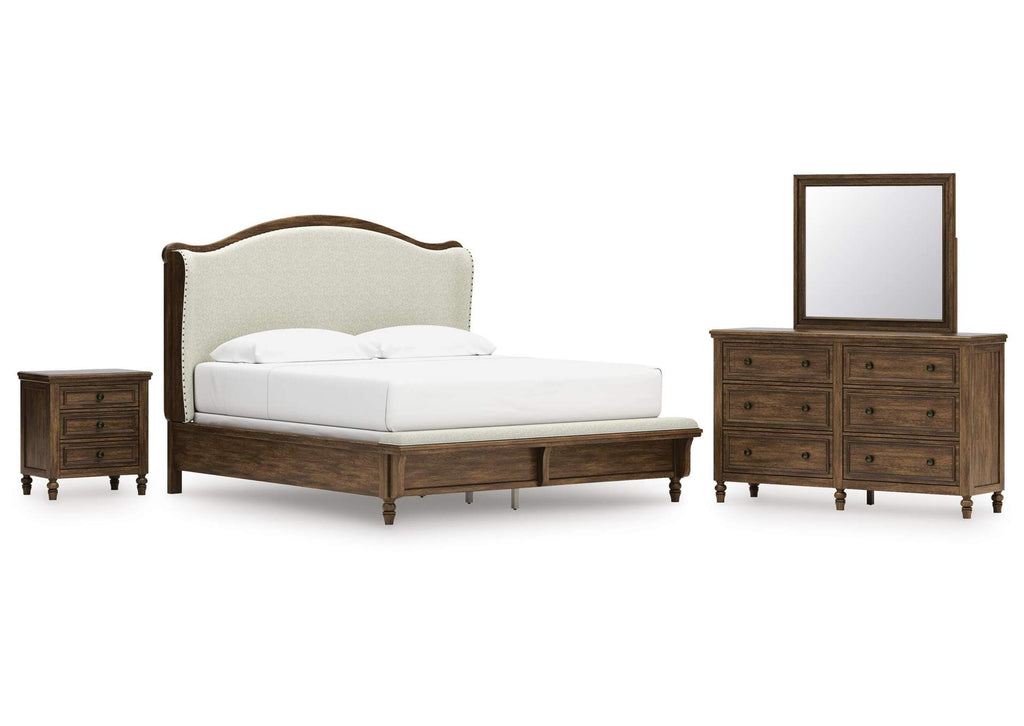 Sturlayne King Upholstered Panel Bed, Dresser, Mirror and Nightstand