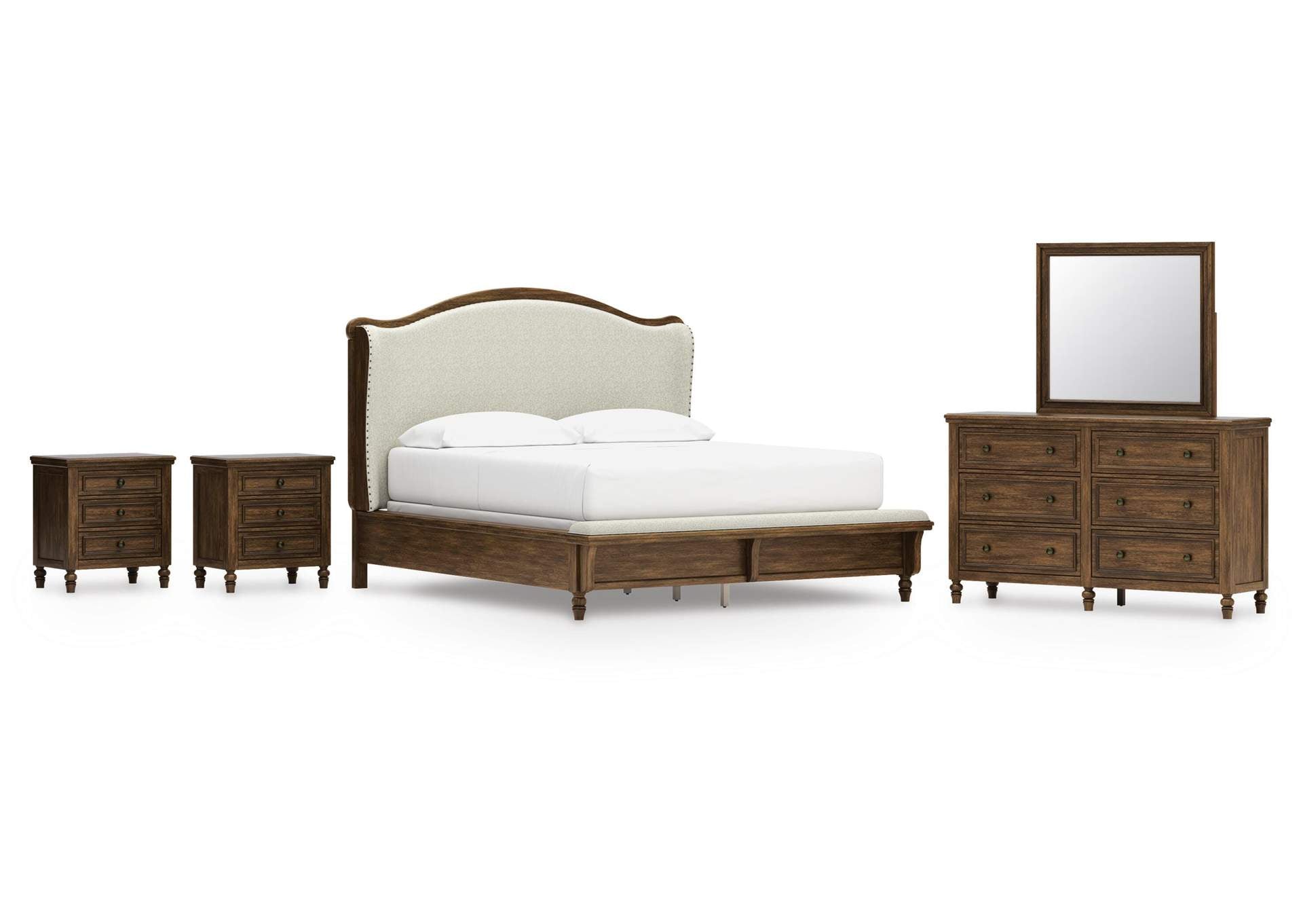 Sturlayne California King Upholstered Panel Bed, Dresser, Mirror and 2 Nightstands
