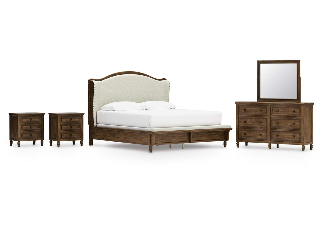 Sturlayne King Upholstered Panel Bed, Dresser, Mirror and 2 Nightstands