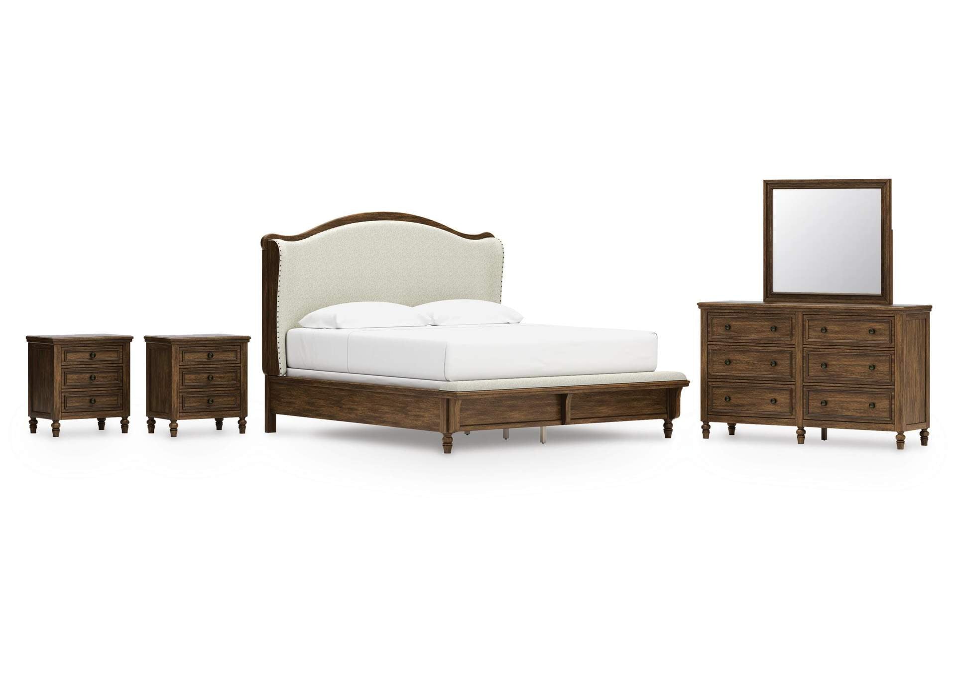 Sturlayne King Upholstered Panel Bed, Dresser, Mirror and 2 Nightstands