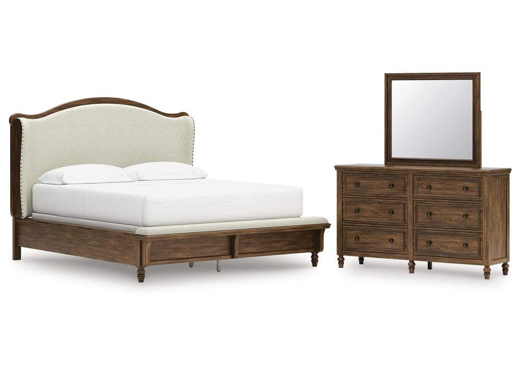 Sturlayne California King Upholstered Panel Bed, Dresser and Mirror