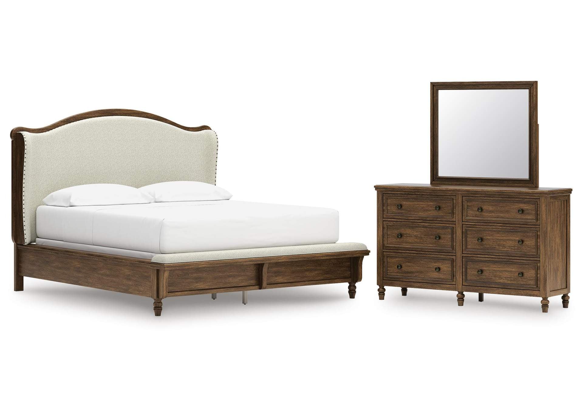 Sturlayne California King Upholstered Panel Bed, Dresser and Mirror