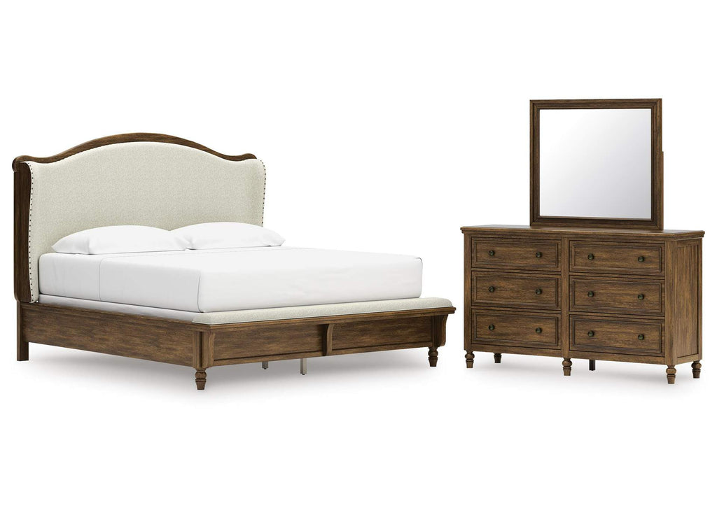 Sturlayne King Upholstered Panel Bed, Dresser and Mirror