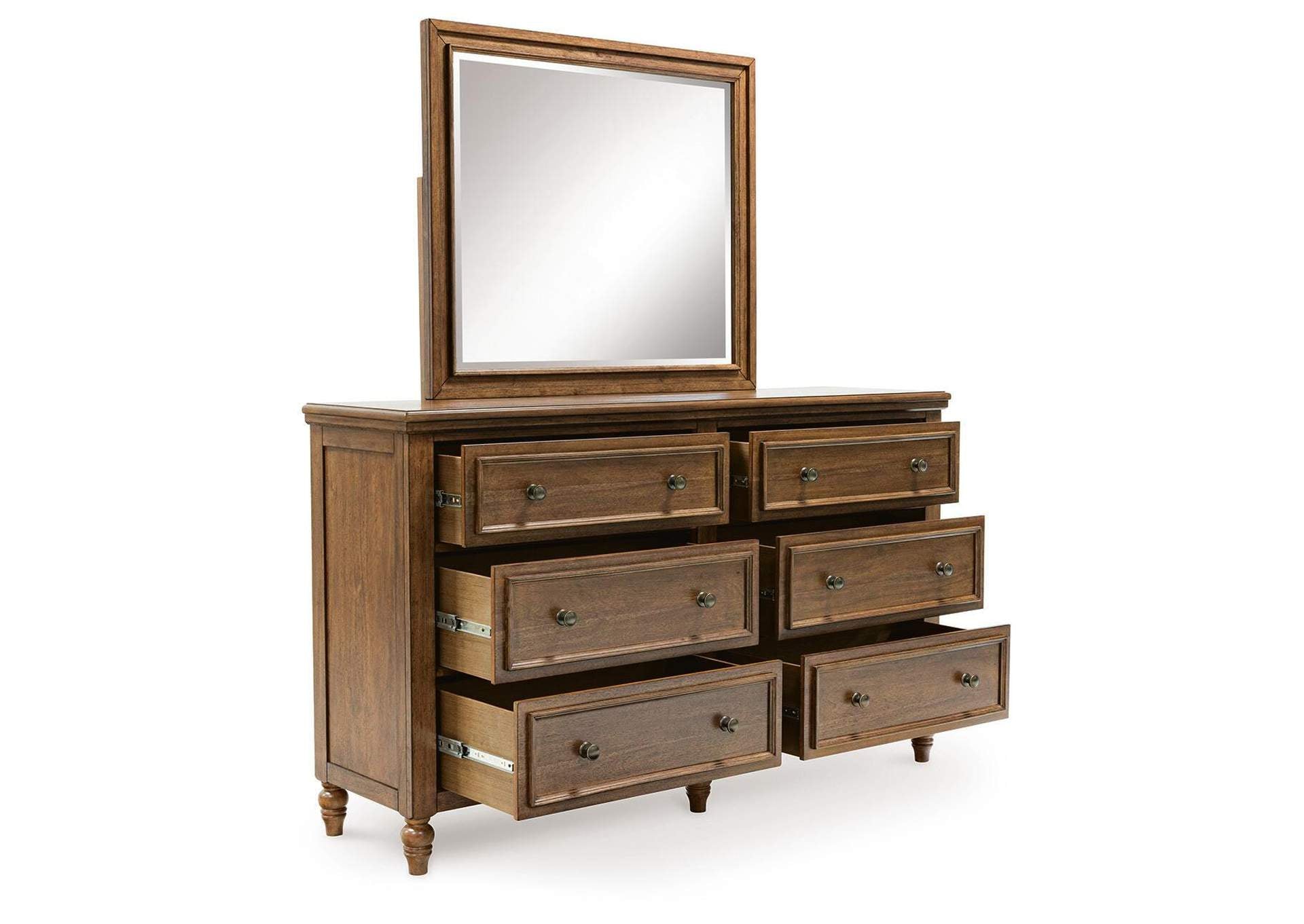 Sturlayne Queen Upholstered Panel Bed, Dresser and Mirror angled view