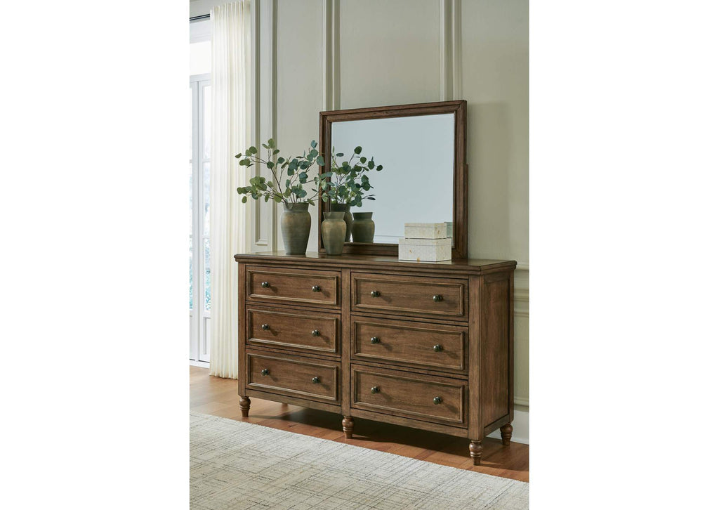Sturlayne King Upholstered Panel Bed, Dresser, Mirror, Chest and Nightstand
