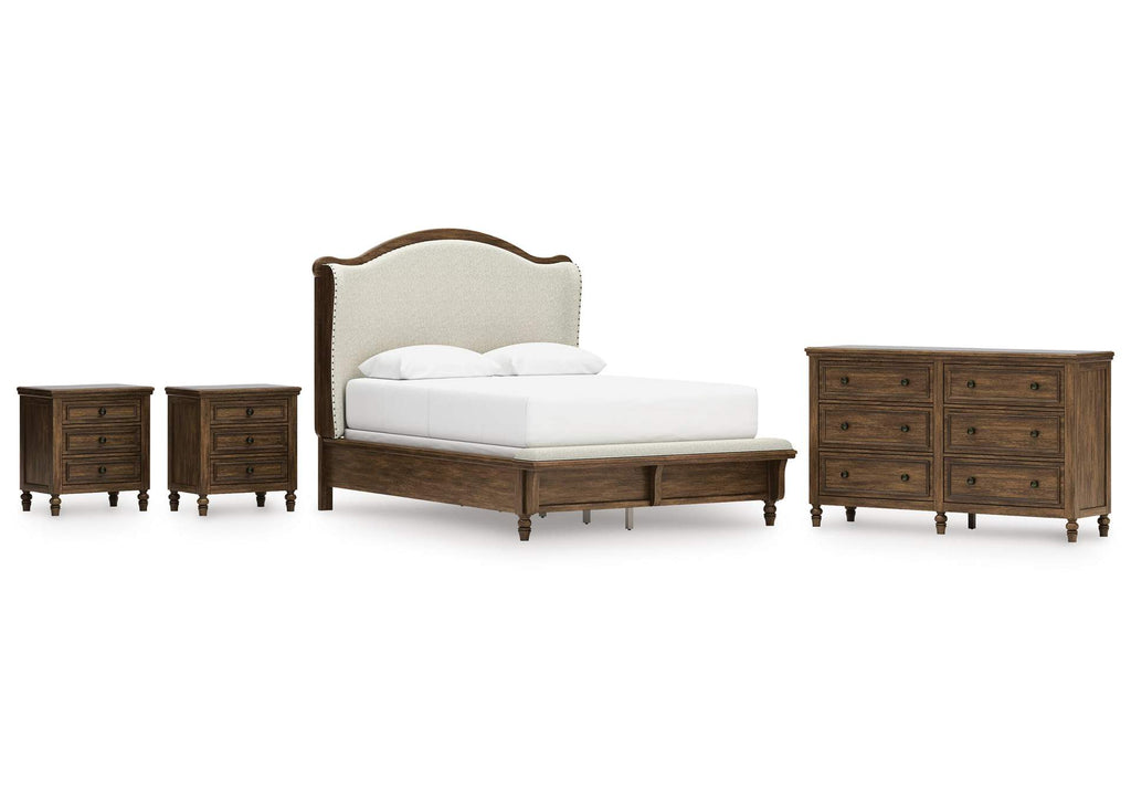 Sturlayne Queen Upholstered Panel Bed, Dresser and 2 Nightstands