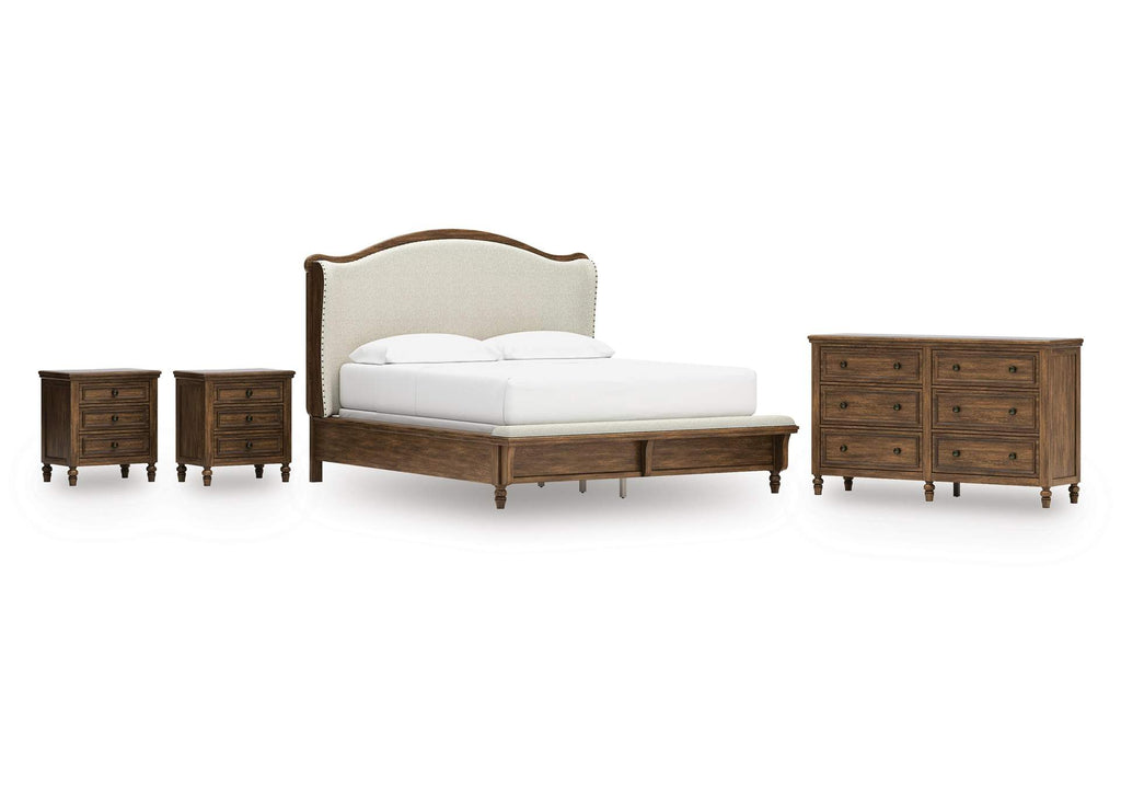 Sturlayne California King Upholstered Panel Bed, Dresser and 2 Nightstands