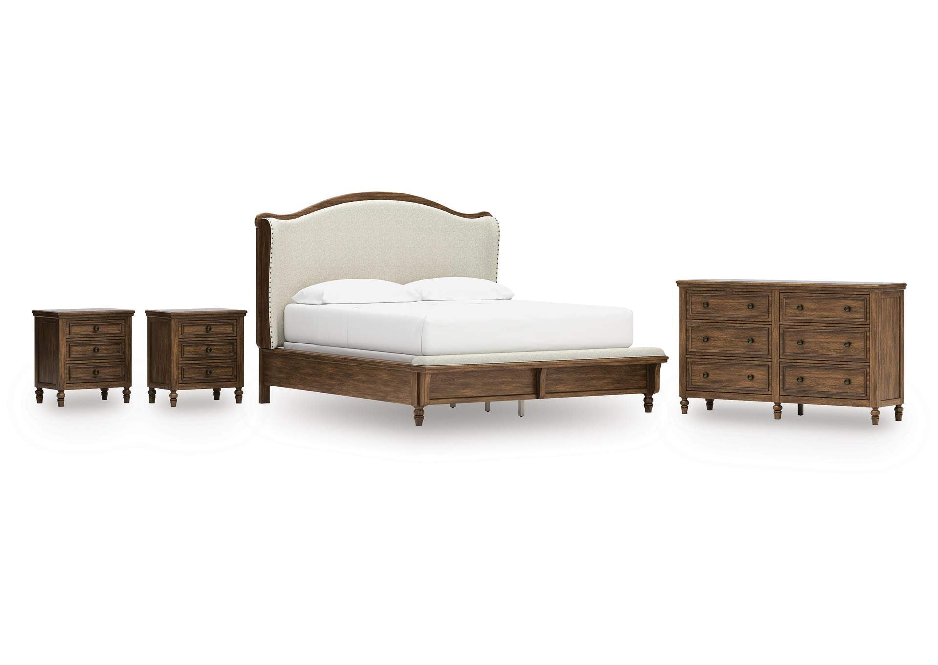 Sturlayne California King Upholstered Panel Bed, Dresser and 2 Nightstands