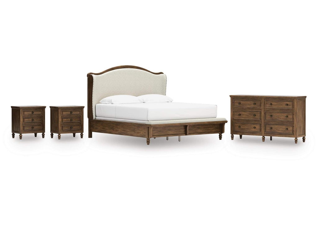 Sturlayne King Upholstered Panel Bed, Dresser and 2 Nightstands
