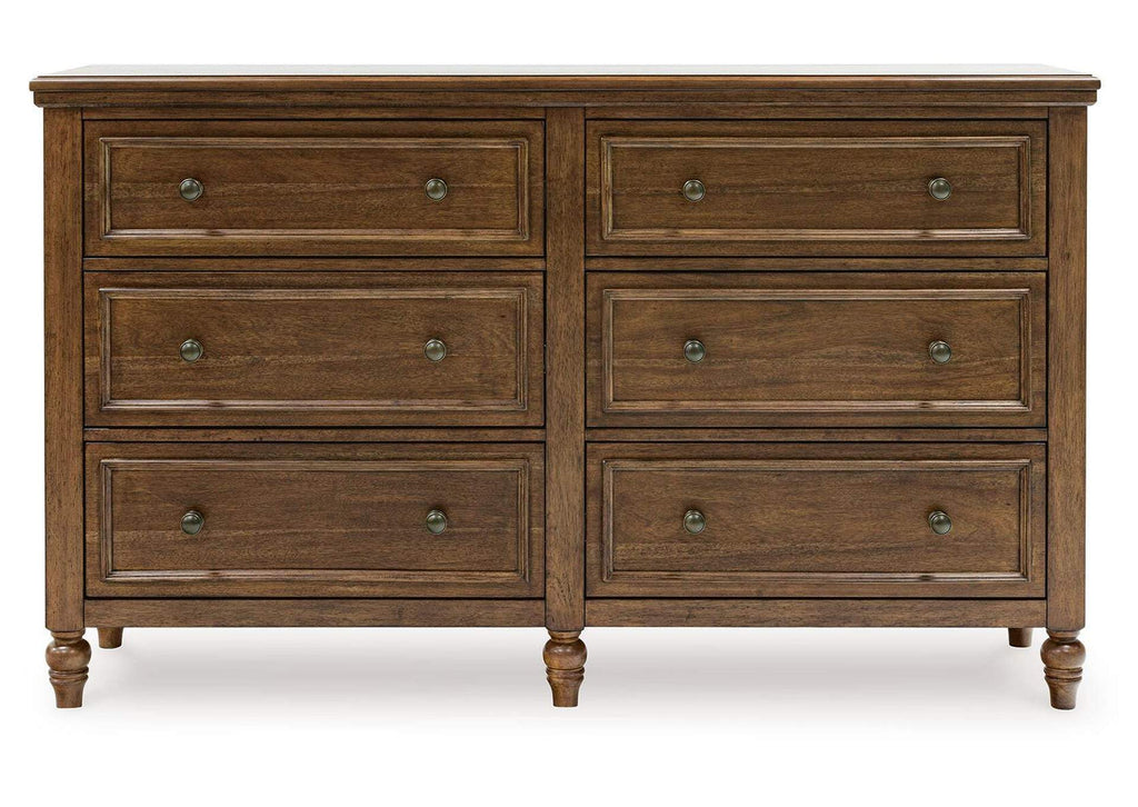 Sturlayne Queen Upholstered Panel Bed, Dresser and Mirror front view