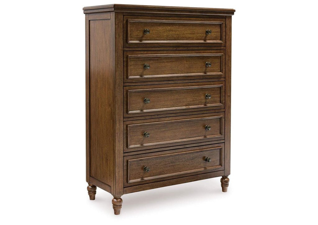 Sturlayne California King Upholstered Panel Bed, Dresser, Mirror and Chest angled view