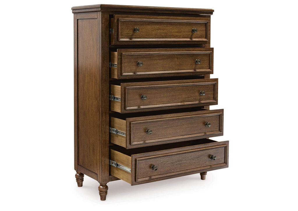 Sturlayne California King Upholstered Panel Bed, Dresser, Mirror and Chest angled view