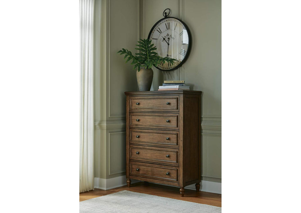 Sturlayne Queen Upholstered Panel Bed, Dresser, Mirror and Chest