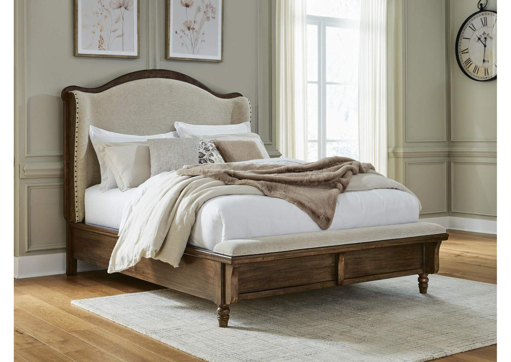 Sturlayne Queen Upholstered Panel Bed, Dresser and Mirror