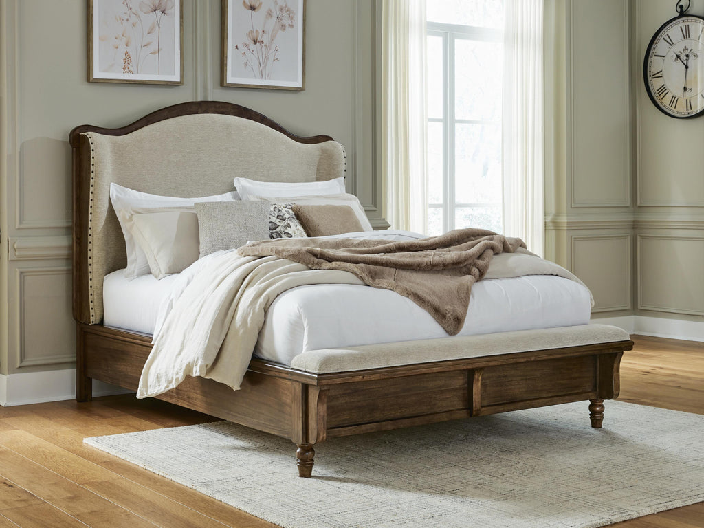 Sturlayne Queen Upholstered Panel Bed in Brown, lifestyle view