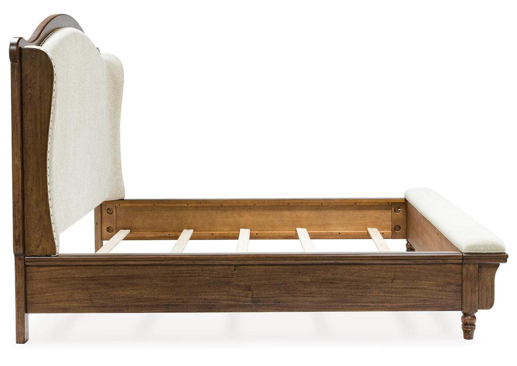 Sturlayne Queen Upholstered Panel Bed, Dresser and Mirror side view