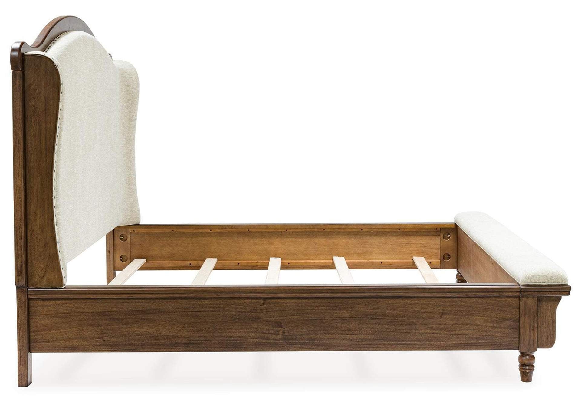 Sturlayne Queen Upholstered Panel Bed, Dresser and Mirror side view