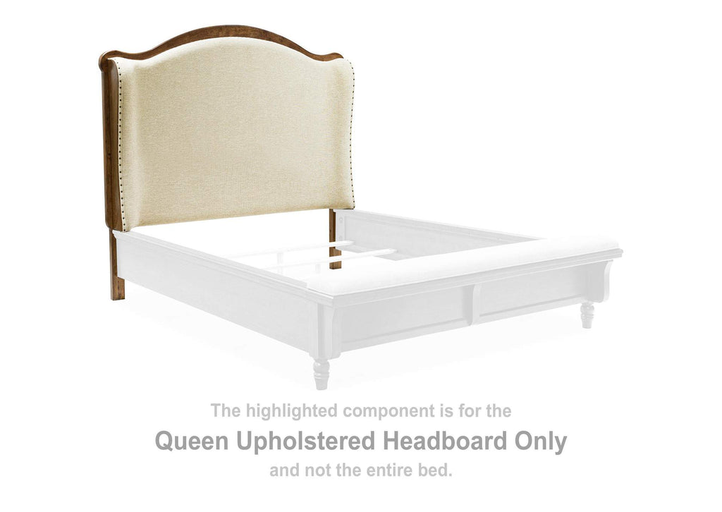 Sturlayne Queen Upholstered Panel Bed, Dresser and Mirror