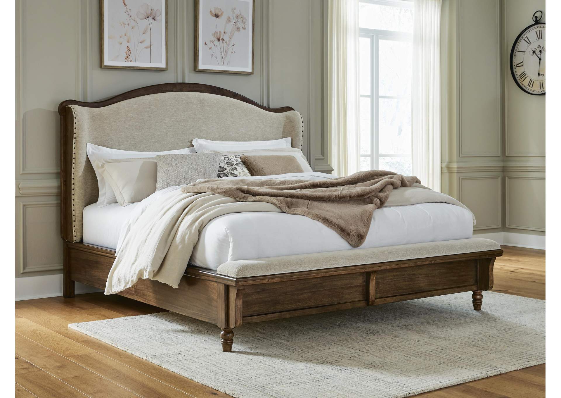Sturlayne California King Upholstered Panel Bed, Dresser and Mirror