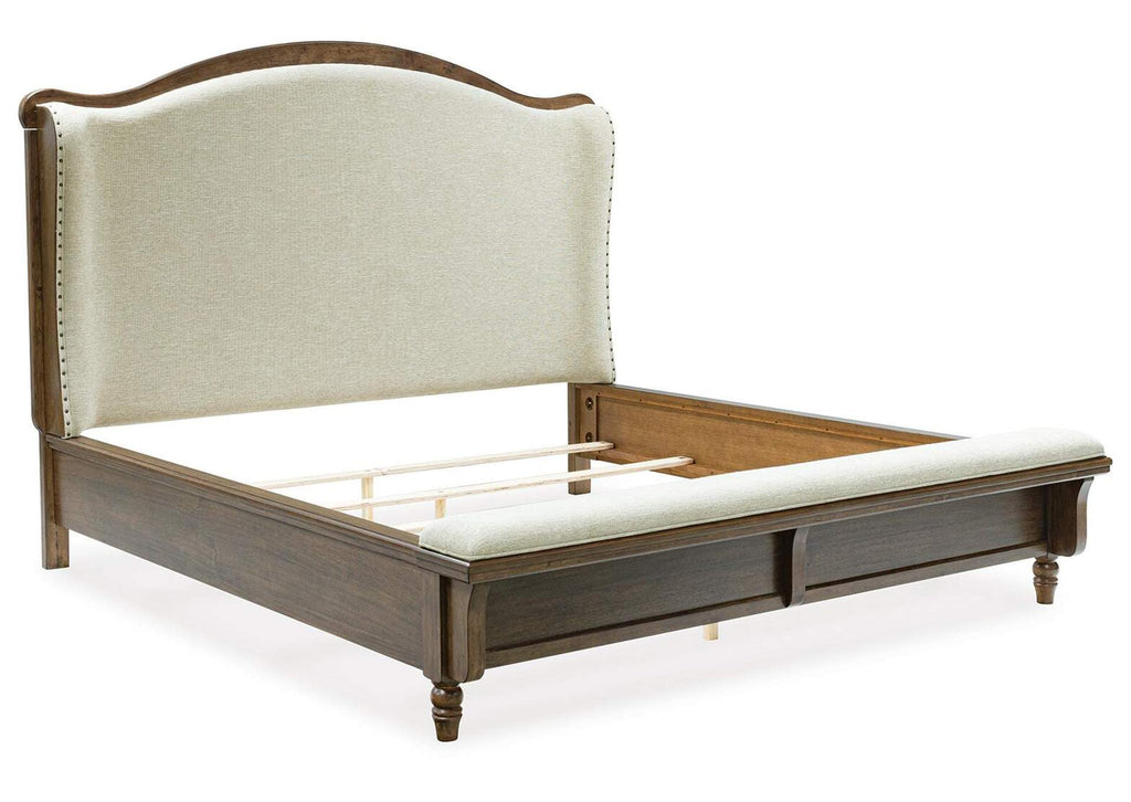 Sturlayne California King Upholstered Panel Bed and Dresser angled view