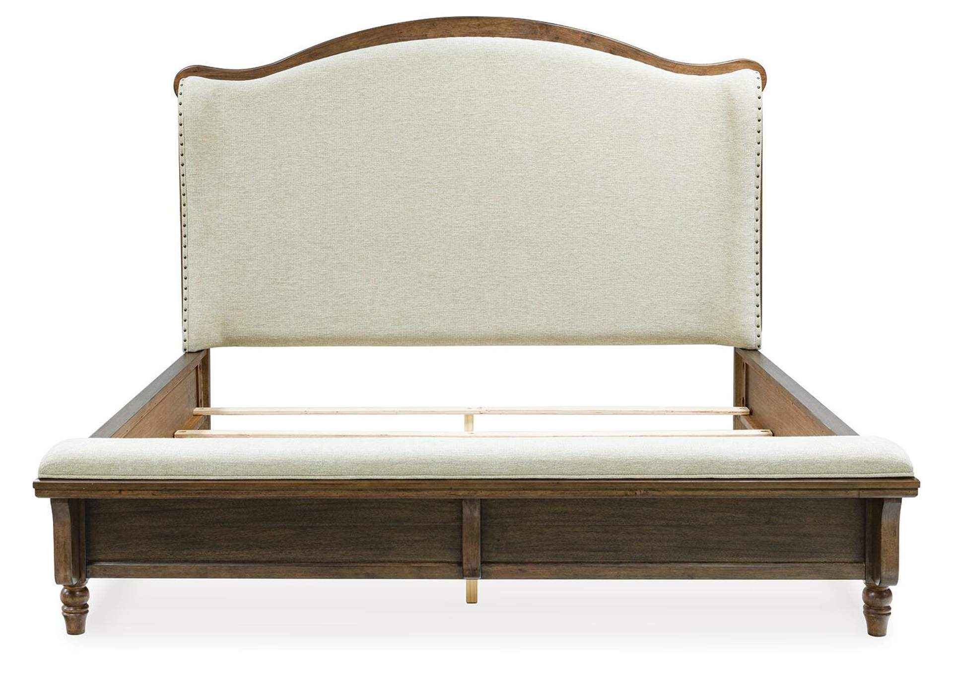 Sturlayne California King Upholstered Panel Bed, Dresser, Mirror and Chest