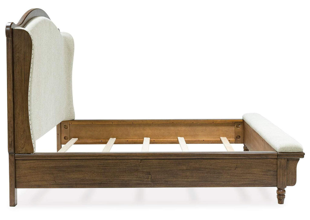 Sturlayne California King Upholstered Panel Bed, Dresser and 2 Nightstands side view