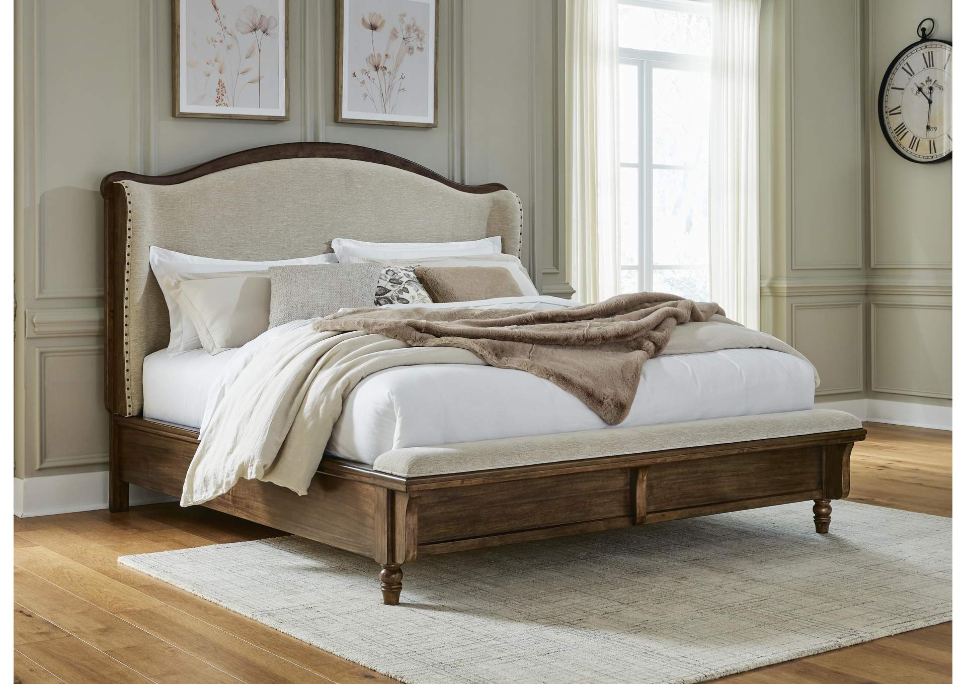 Sturlayne Queen Upholstered Panel Bed, Dresser, Mirror and Chest