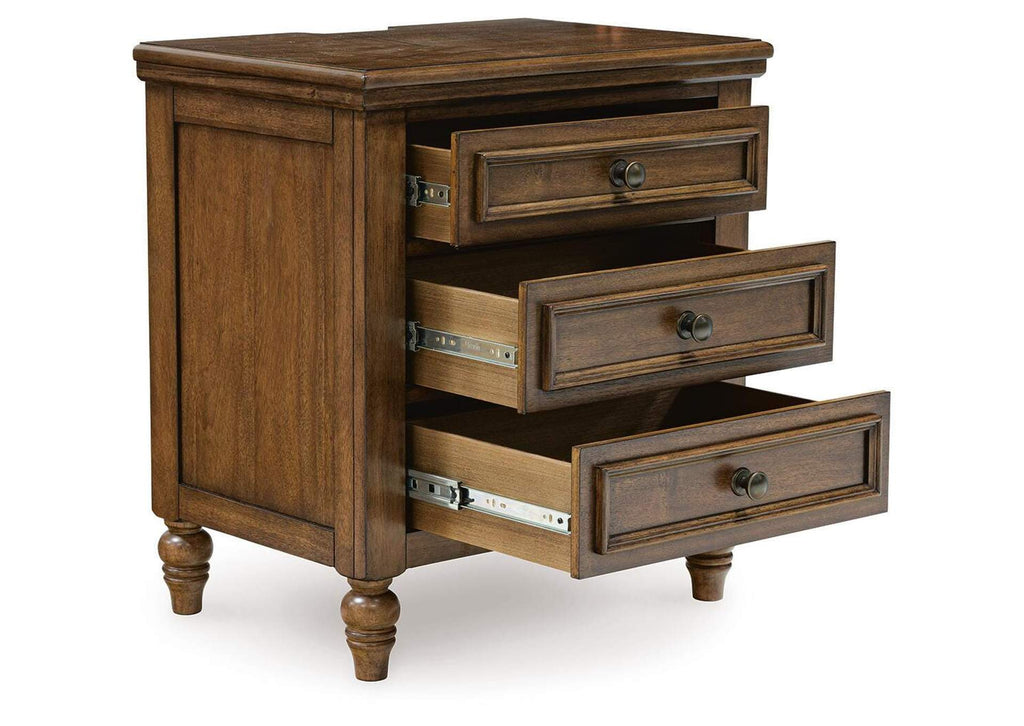 Sturlayne Queen Upholstered Panel Bed, Dresser, Mirror and 2 Nightstands angled view