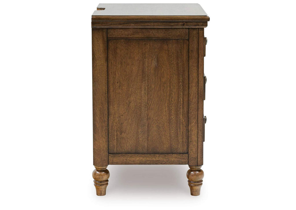 Sturlayne California King Upholstered Panel Bed and 2 Nightstands side view